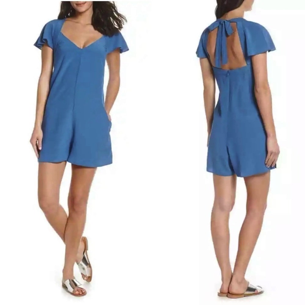 French Connection Open Back Romper Pockets Blue Viscose Womens Sz 10 New
